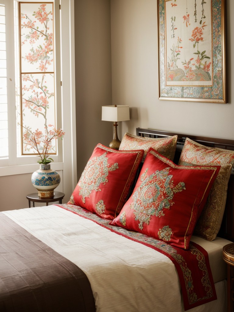 Discover Serene Asian-Inspired Bedroom: Vibrant Silks, Intricate Embroidery, Porcelain Décor