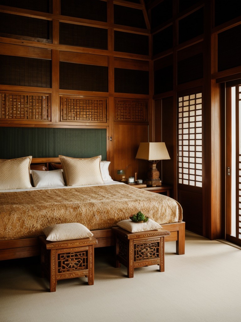 Thai-inspired retreat: Intricate bedside tables and handwoven textiles!