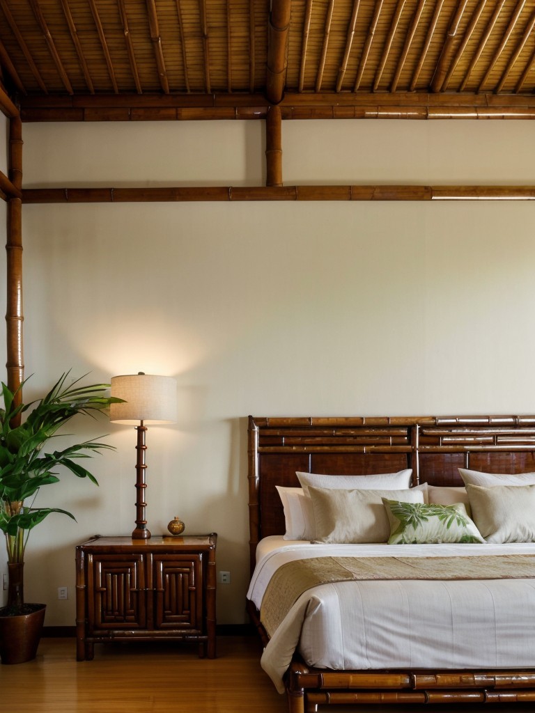 Asian-Inspired Bedroom: Serene Oasis with Bamboo Furniture & Lush Plants.