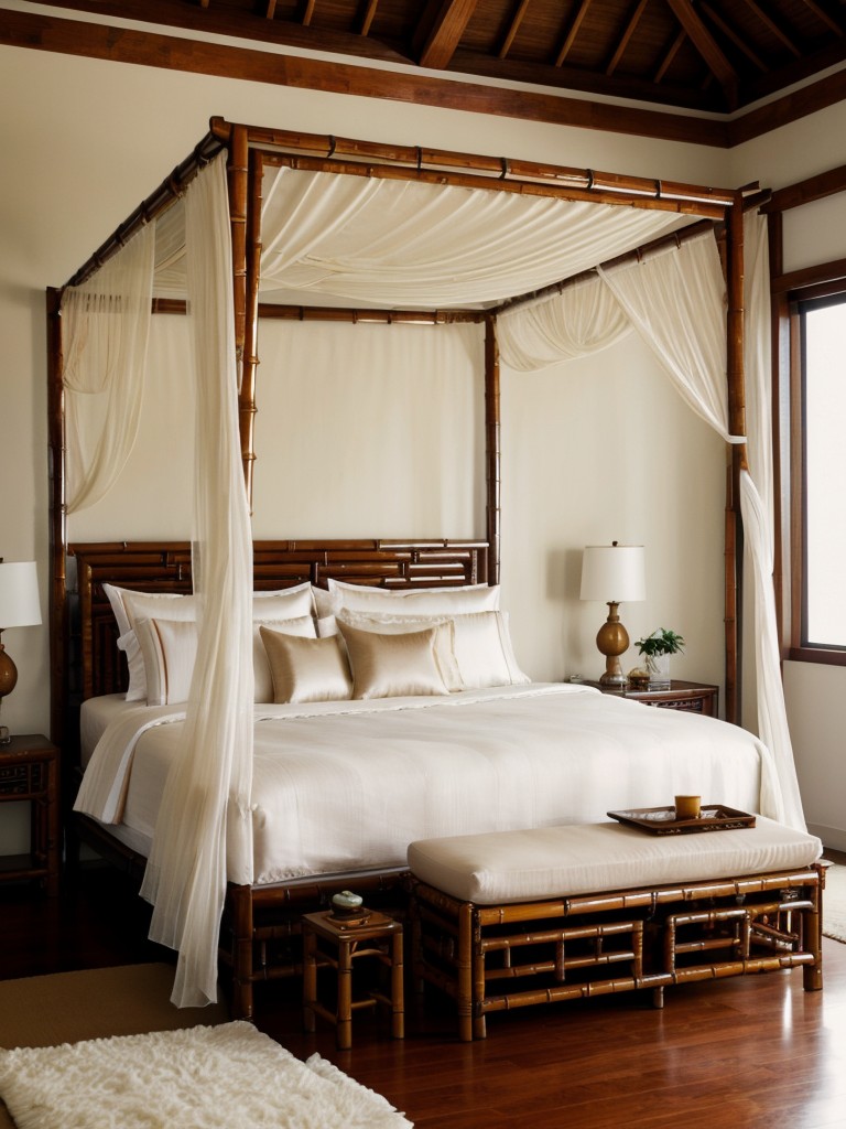 Discover Asian-inspired apartment vibes with a silk canopy bed and bamboo accents.