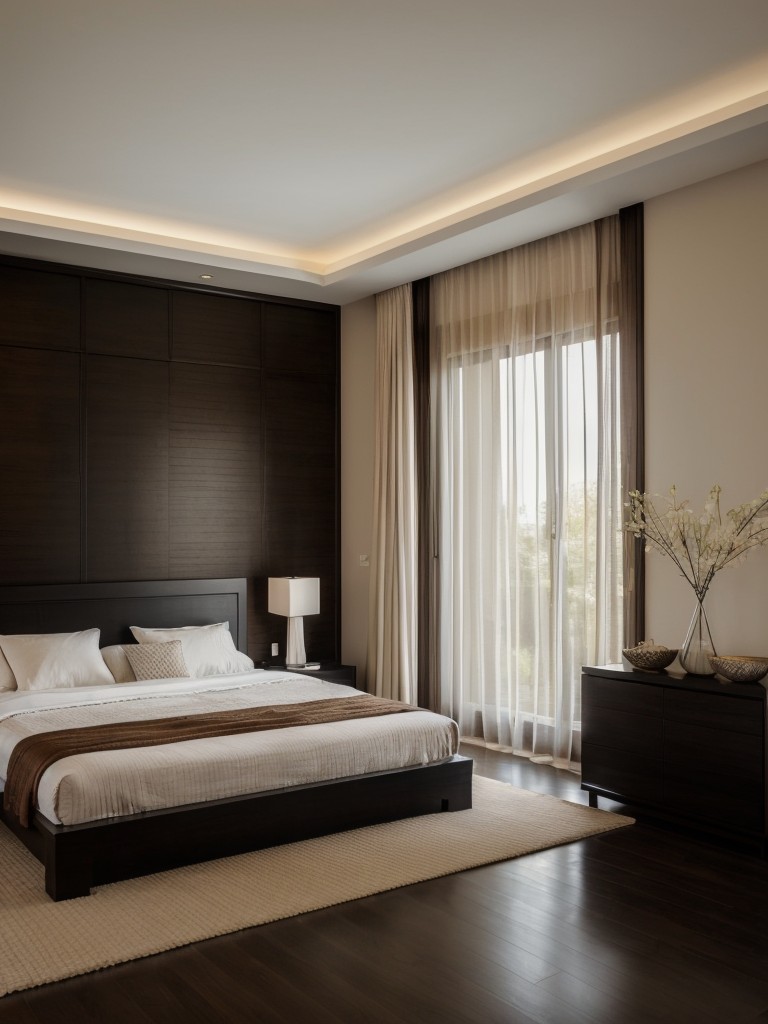 Sleek Asian-Inspired Bedroom: Minimalistic Design with Dark Wood Furniture.