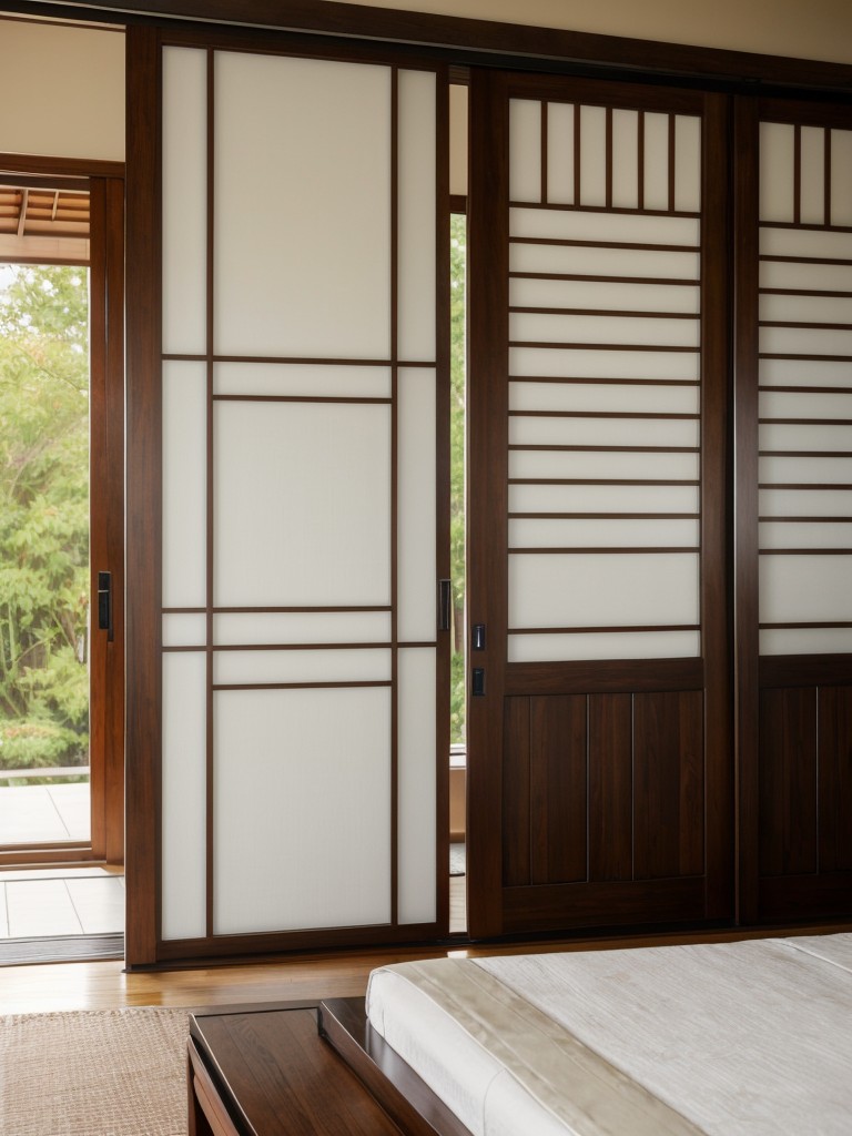 Asian-inspired bedroom bliss: maximize space and style with sliding doors!