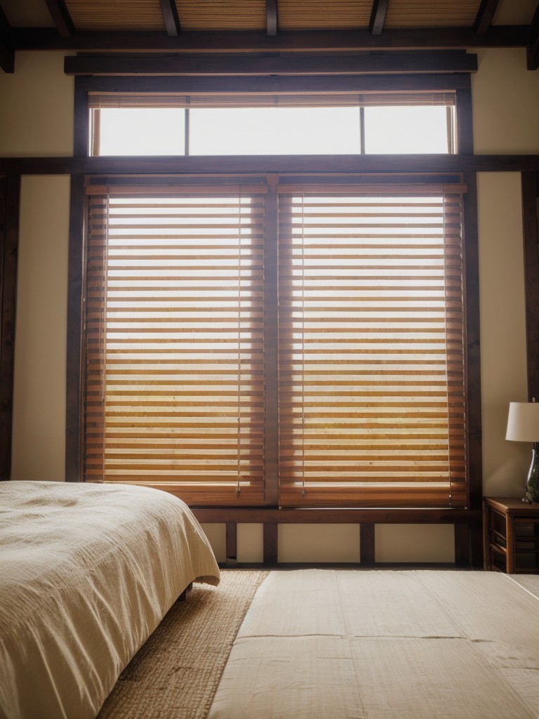 Create a Zen-inspired bedroom with natural bamboo blinds and woven grass curtains.