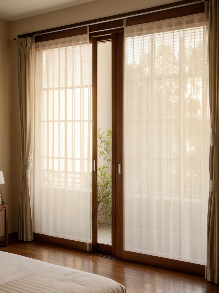 Serene Asian Bedroom with Sliding Panels and Translucent Curtains