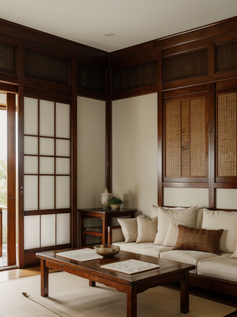 Create an Asian-inspired oasis with cozy floor cushions and a shoji screen for your apartment