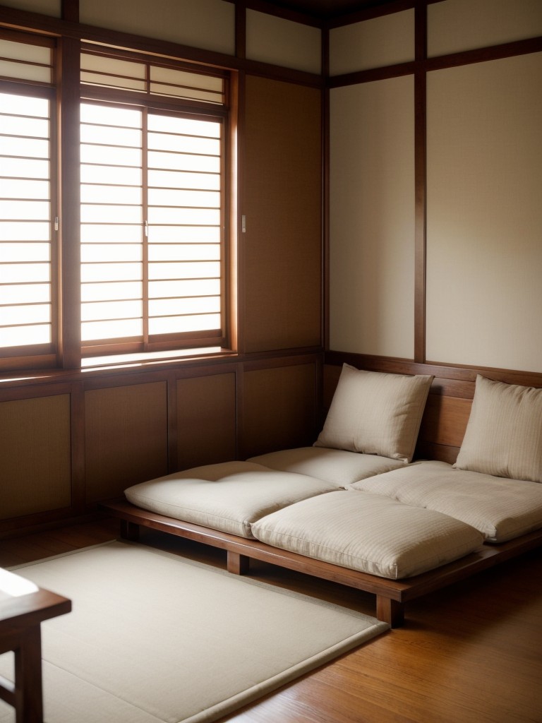 Cozy Asian-Inspired Bedroom Nook: Tatami Seating + Floor Cushion.