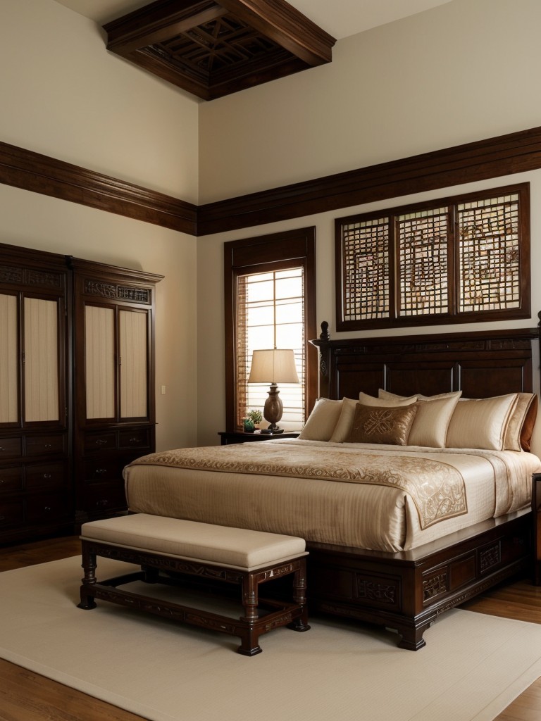 Chic Asian Bedroom Decor: Elevate with Hand-Carved Wooden Screen!