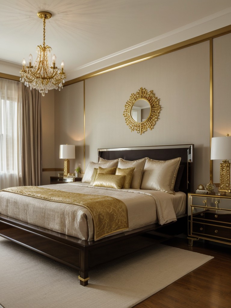 Luxurious East-West Bedroom Decor: Metallic Accents for Apartment Glam.