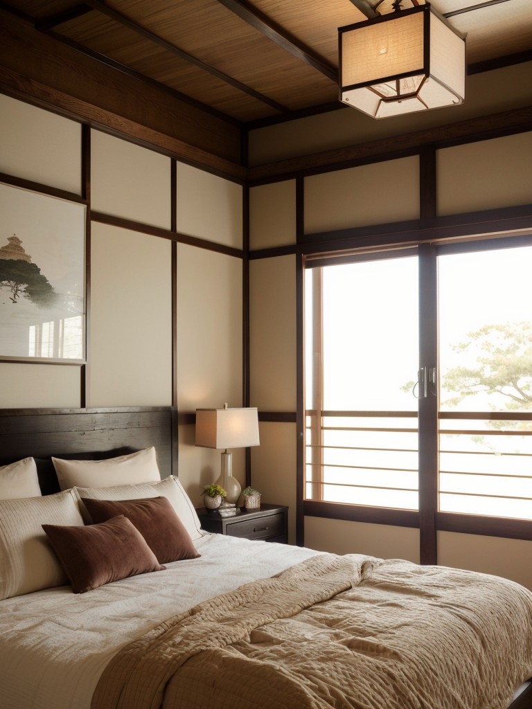 Japanese-inspired bedroom decor: Cozy and inviting with plush bedding and soft lighting!