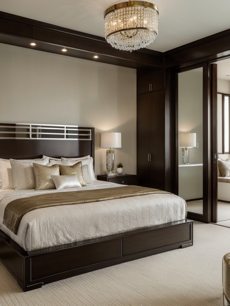 Asian-inspired bedroom with mirrored accents for a glamorous touch