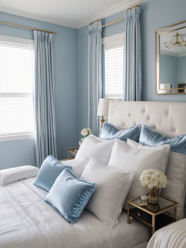 Royalty-inspired bedroom: Serene blues, luxurious silk & plush velvet.