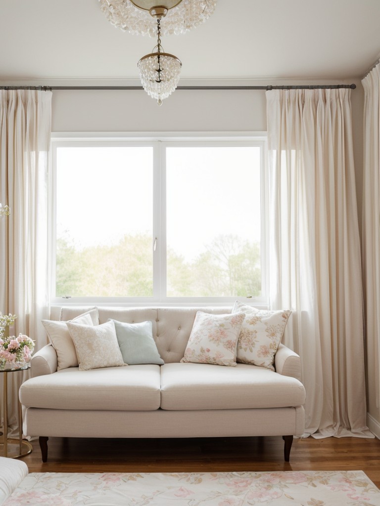 Chic Apartment Bedroom: Serene Space with Pastel Hues and Delicate Floral Patterns