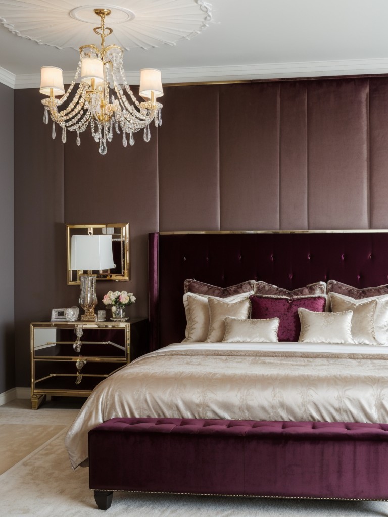 Luxury Apartment Vibes: Velvet Headboard, Mirrored Nightstands, Crystal Chandelier