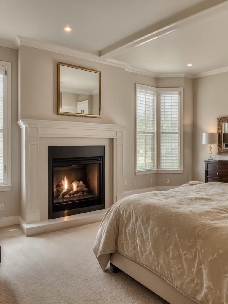 Cozy Sanctuary: Glamorous Bedroom Decor with a Fireplace Mantel