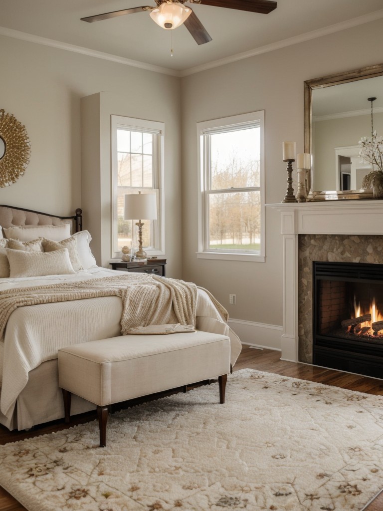 Chic Apartment Bedroom Upgrade: Cozy Fireplaces and Plush Rugs!