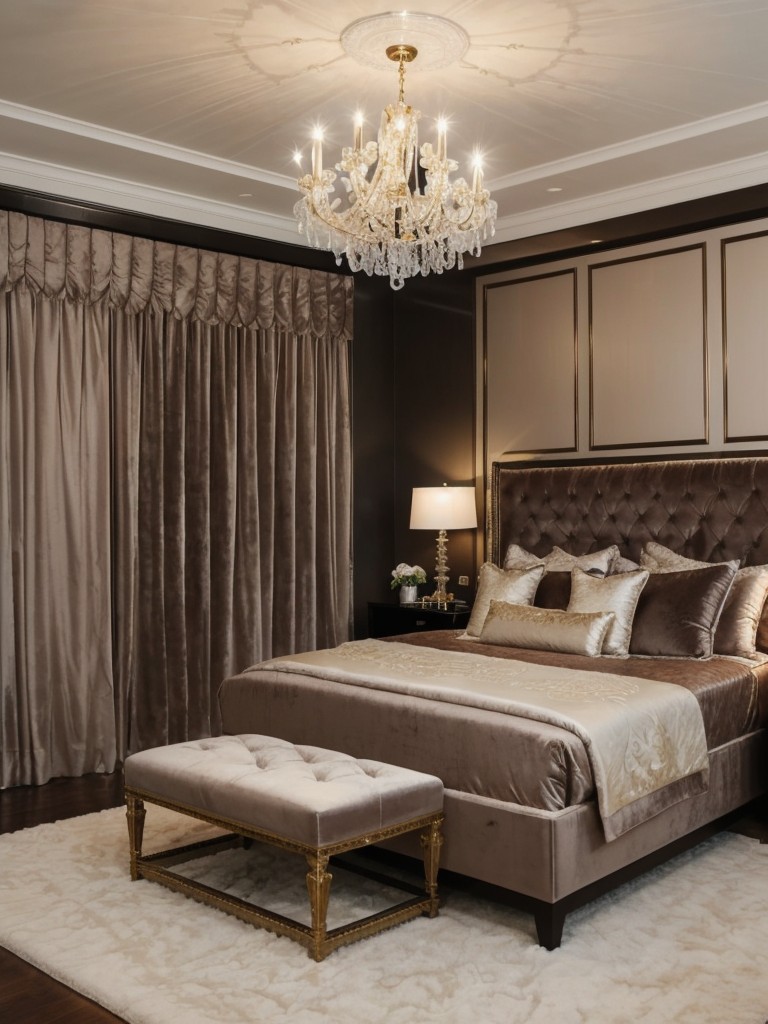 Chic Apartment Bedroom: Velvet Headboard and Glam Chandelier for a Luxurious Touch