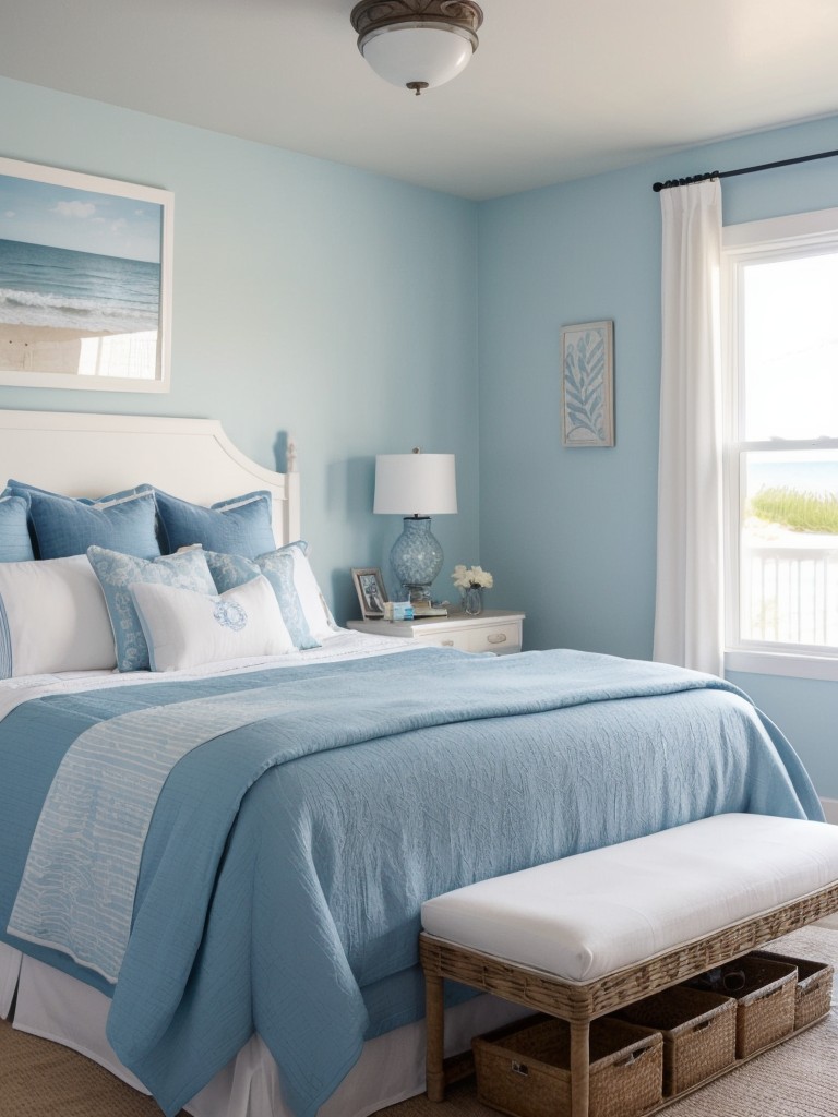 Coastal Bedroom Vibes: Nautical Prints and Beachy Art for Apartment Inspiration.