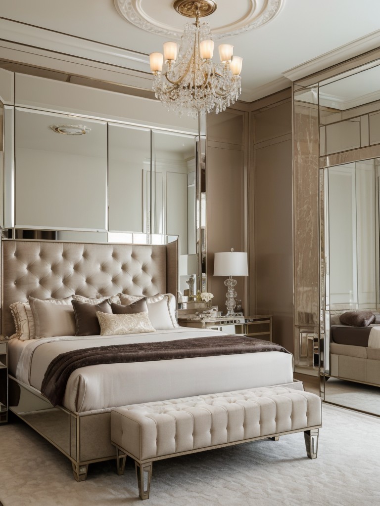 Ultimate Luxury: Stunning Bedroom Design with Tufted Headboard and Mirrored Furniture!