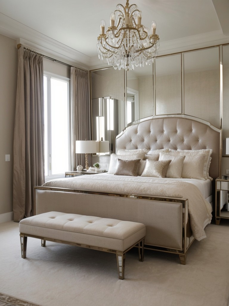 Glamorous Apartment Bedroom Decor: Luxe Bed, Mirrored Furniture & Chandelier