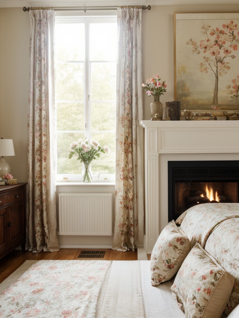 Cozy Cottage Vibes: Bedroom Decor Ideas with Floral Prints & Fireplace.