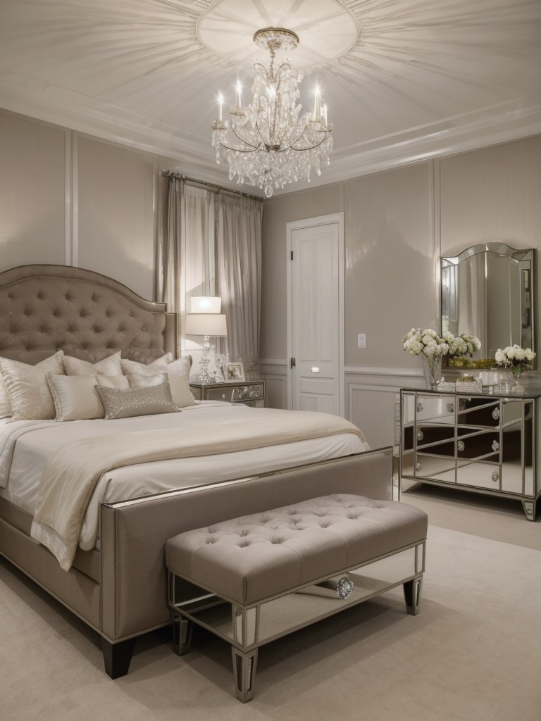 Glam Up Your Bedroom with Elegant Decor: Tufted Bed, Crystal Chandelier, Mirrored Furniture