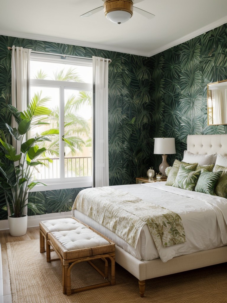 Tropical Glam: Elevate Your Apartment with Leafy Wallpaper & Rattan Furniture