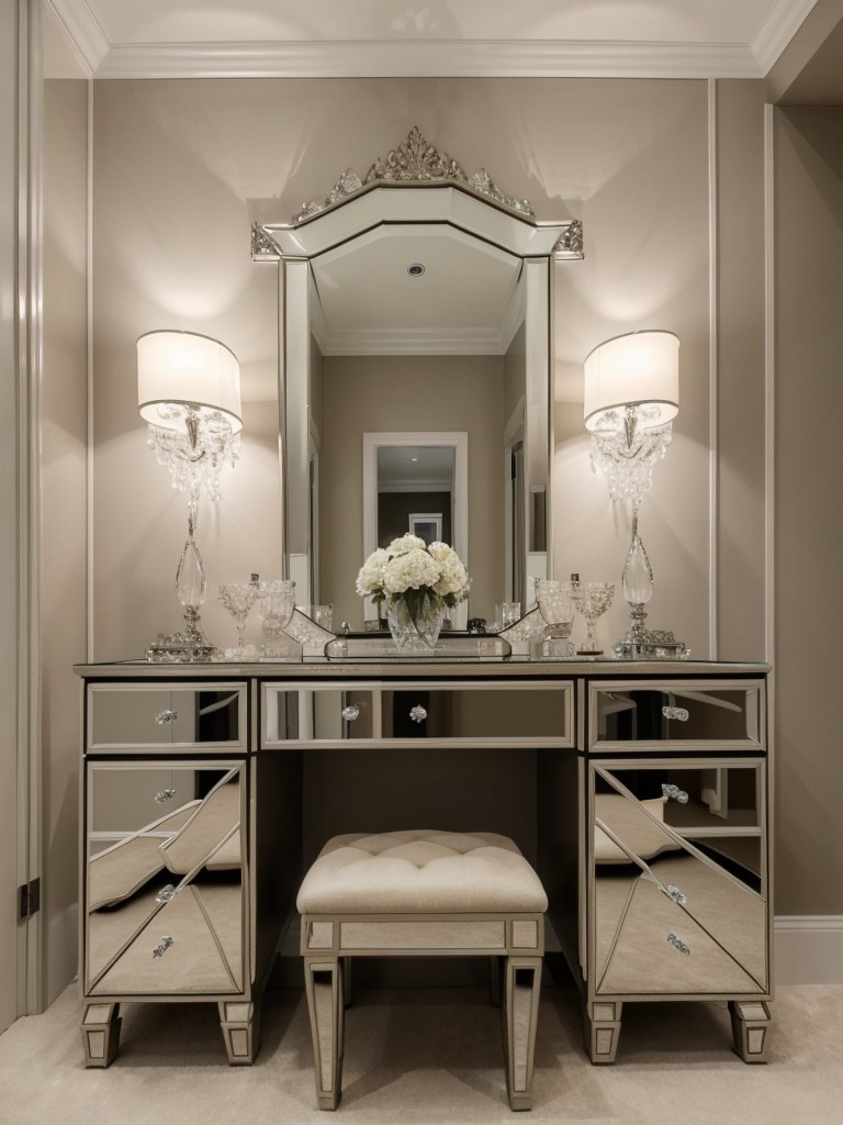 Sparkle and Shine: Glam up Your Apartment with a Mirrored Vanity Table and Crystal Chandelier!