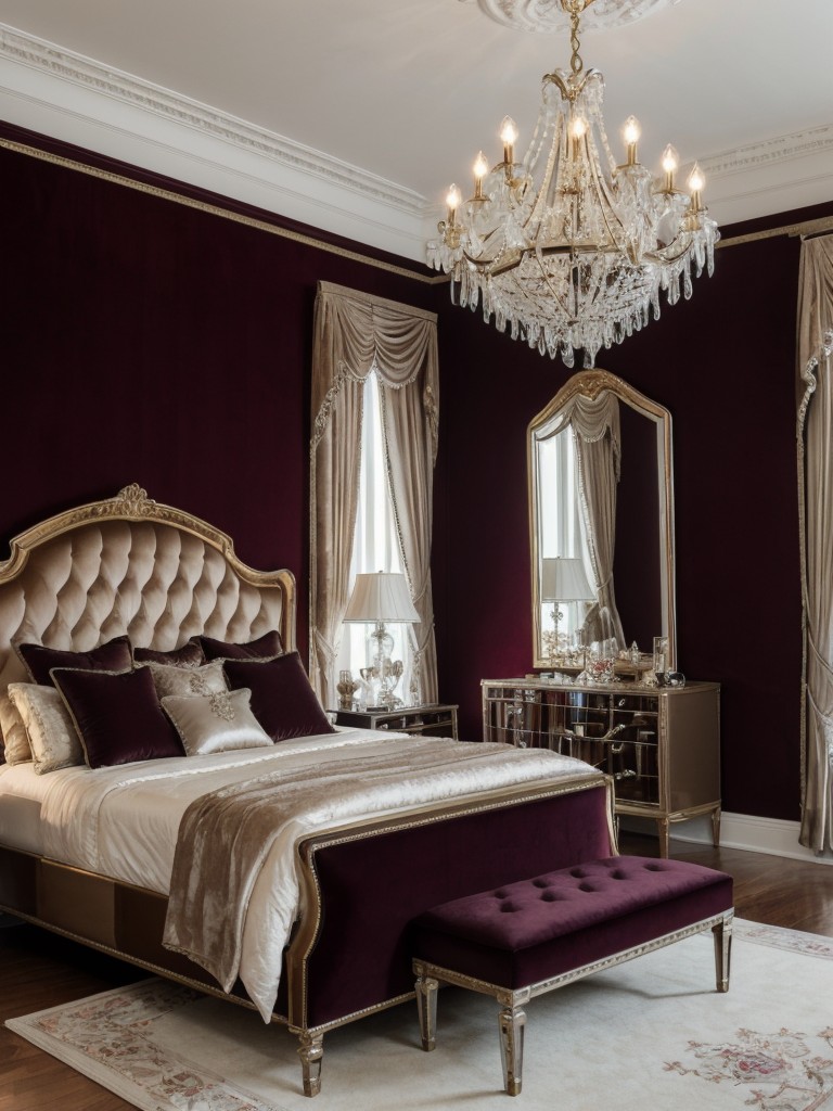 Chic Gothic Bedroom: Mirror Furniture, Crystal Chandelier & Velvet Accents