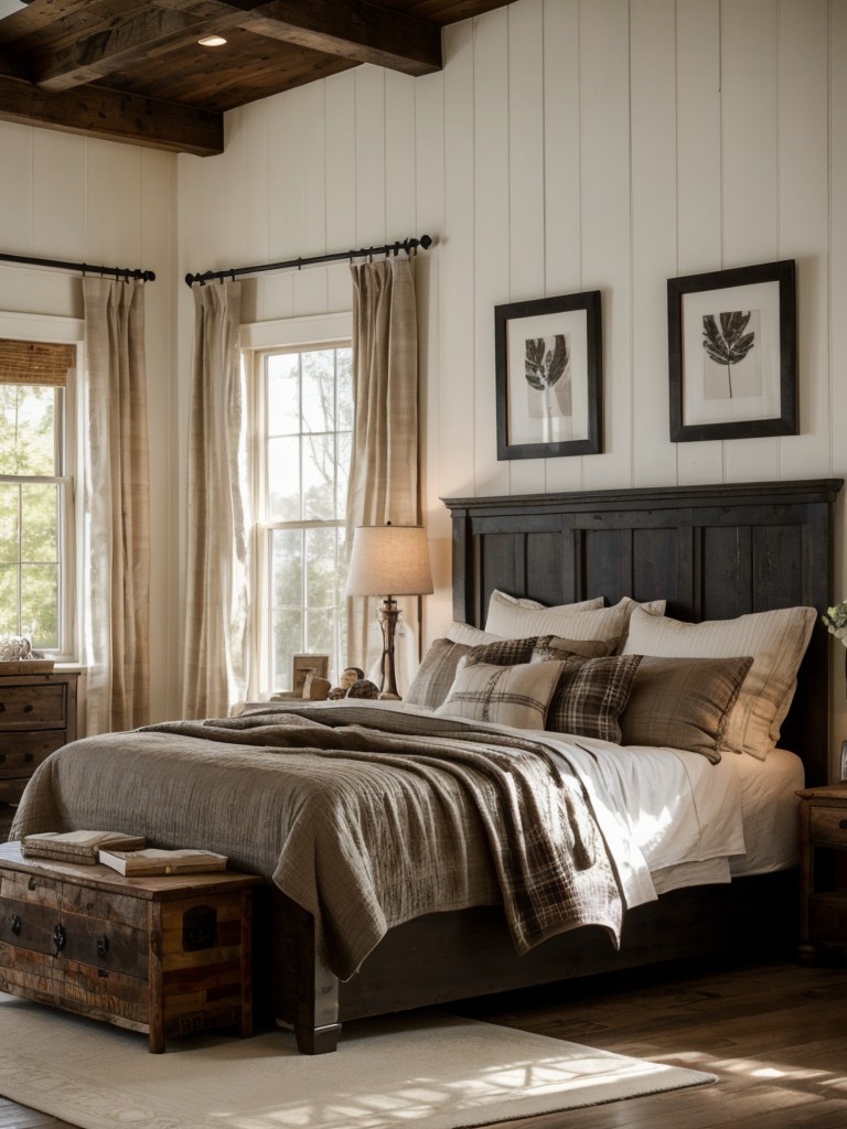 Rustic Farmhouse Bedroom Ideas with Cozy Plaid Bedding and Vintage Accessories