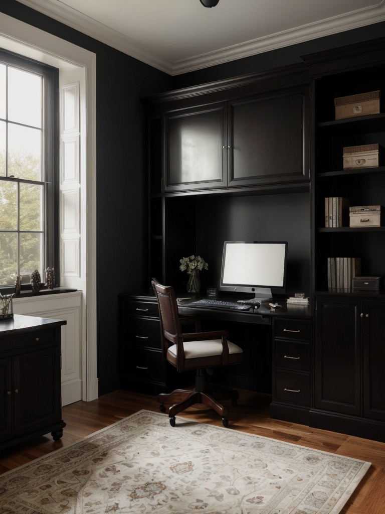 Darkly Elegant Gothic Apartment: Maximize Space with Built-in Desk