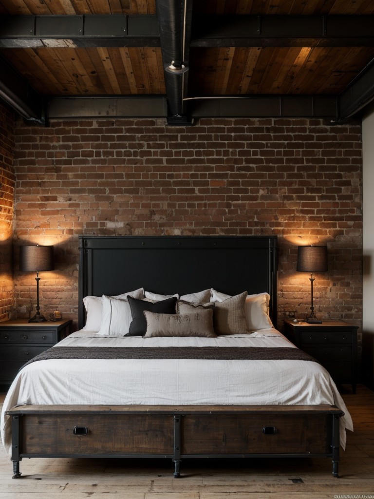 Industrial Chic: Gothic Bedroom Design with Exposed Brick and Reclaimed Wood Headboard