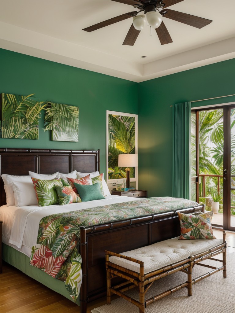 Create a Tropical Oasis: Transform Your Bedroom with Vibrant Prints and Lush Greenery