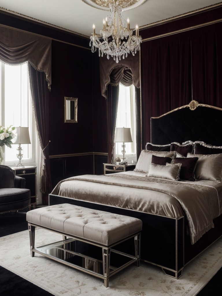 Gothic Glam: Luxe Velvet, Mirrors, & Chandeliers for the Perfect Apartment Bedroom.