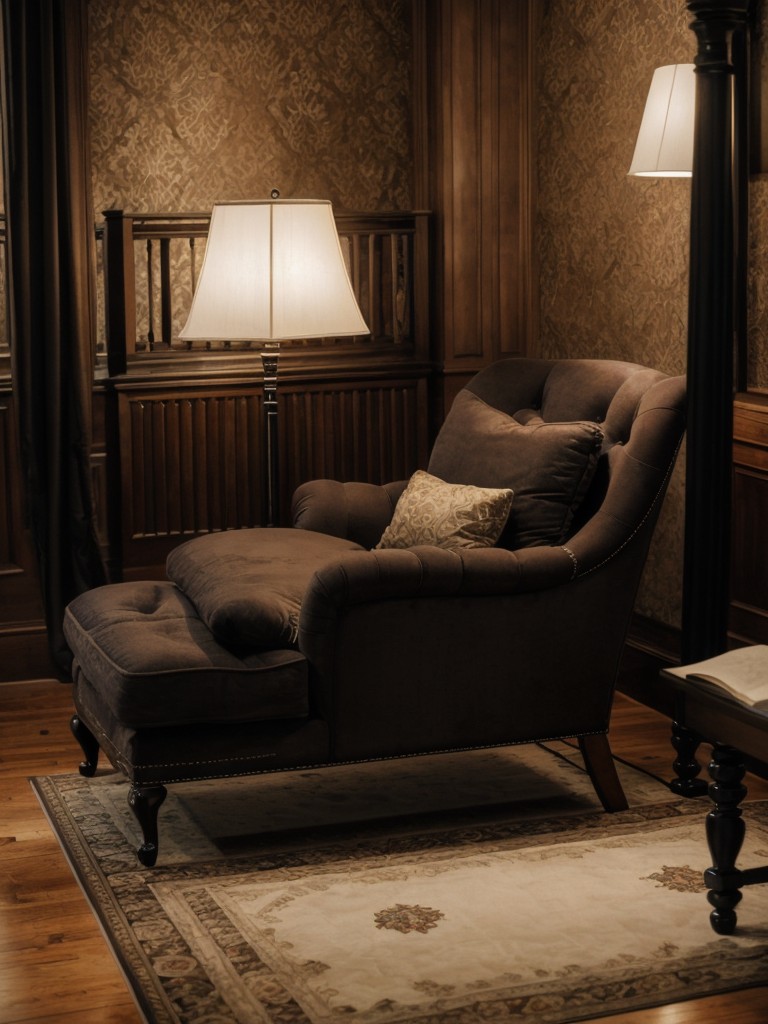 Enigmatic Gothic Bedroom: Cozy Reading Nook with Chaise Lounge & Floor Lamp