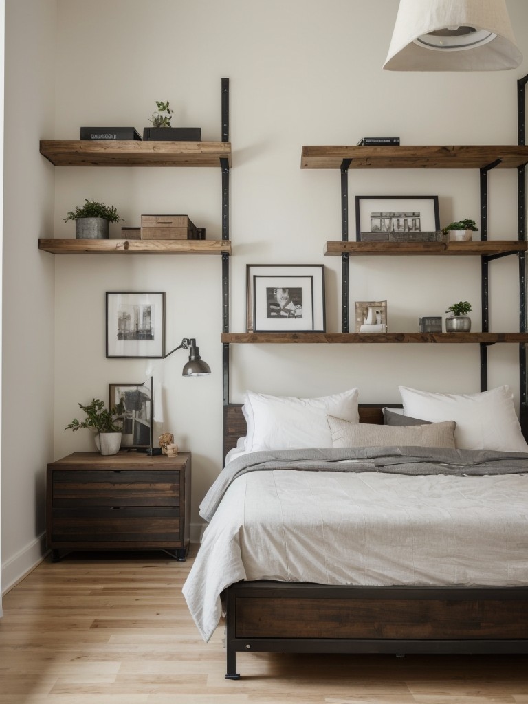 Industrial-inspired bedroom storage: Sleek and stylish apartment organization.