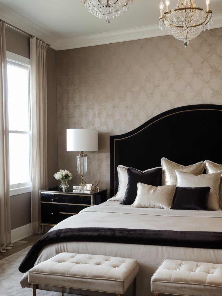 Luxe Apartment Bedroom: Plush Velvet, Silky Bedding, Crystal Chandelier