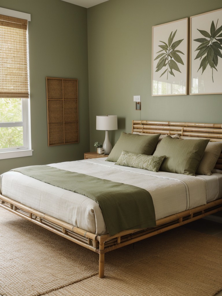 Nature-inspired bedroom vibes: Botanical prints, rattan, earthy hues!