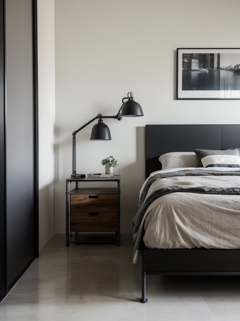 Industrial Chic: Modern Bedroom Decor with Concrete Walls & Geometric Art