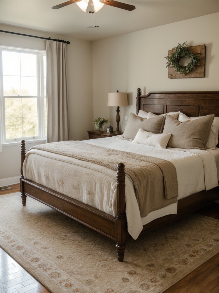 Cozy Bedroom Inspiration with Country Charm: Layered Rugs & Luxurious Bedding.