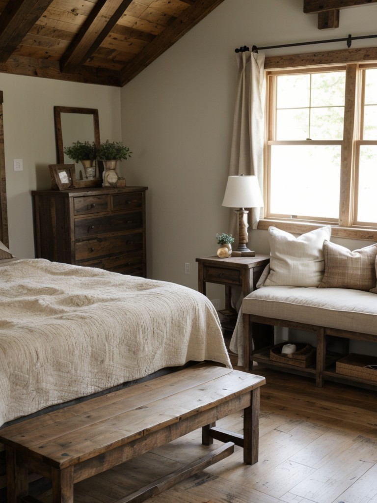 Country Charm: Cozy Bedroom with Rustic Wooden Bench