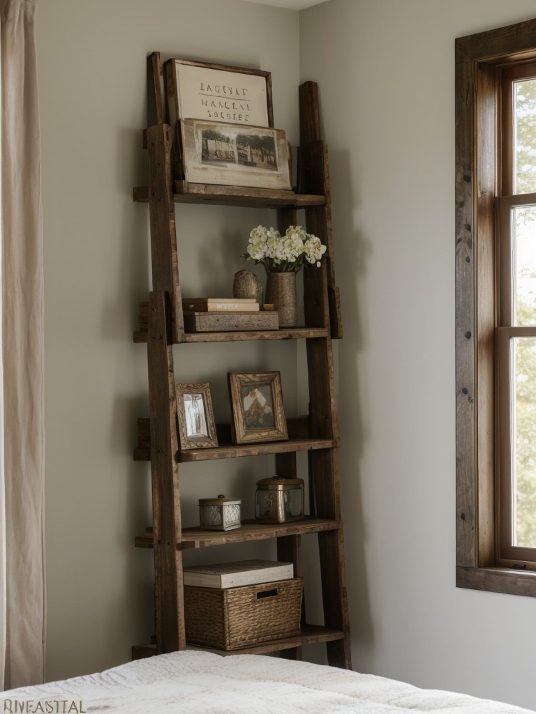 Farmhouse Boho Vibes: Rustic Bedroom Decor with a Ladder Shelf.