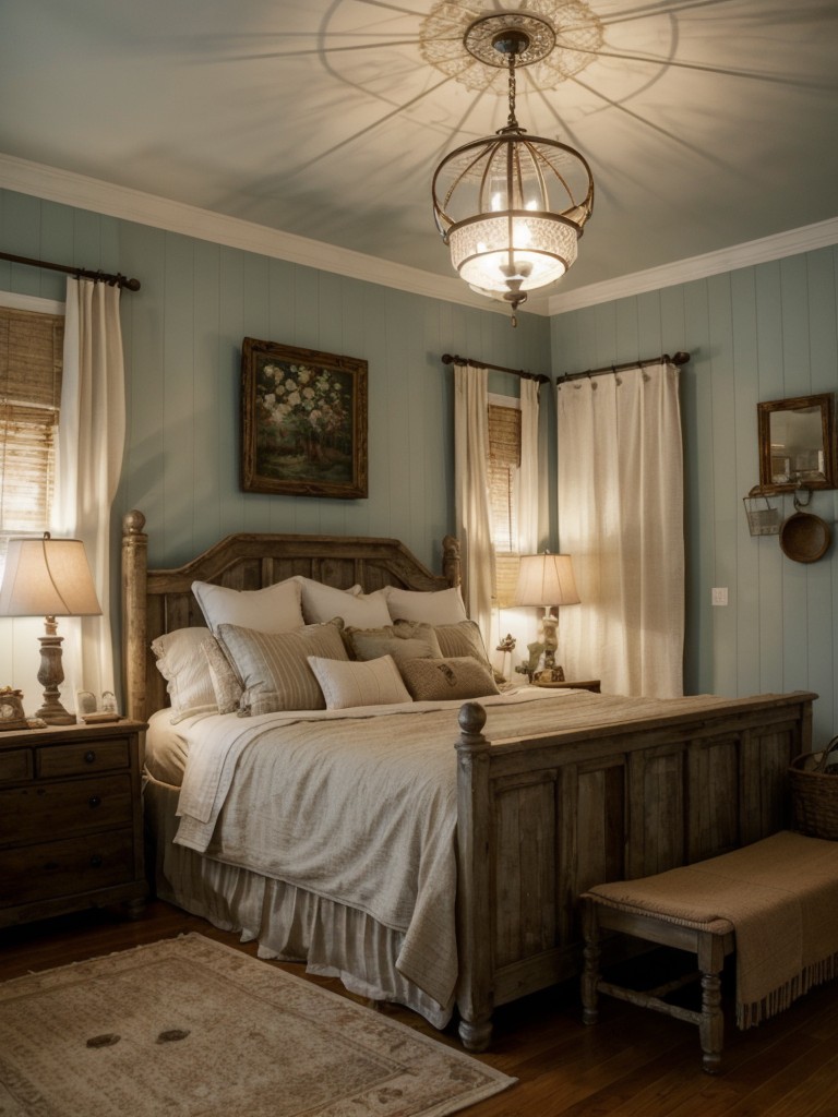 Cozy Apartment Vibes: Rustic Bedroom Decor with Vintage Birdcage Accents.