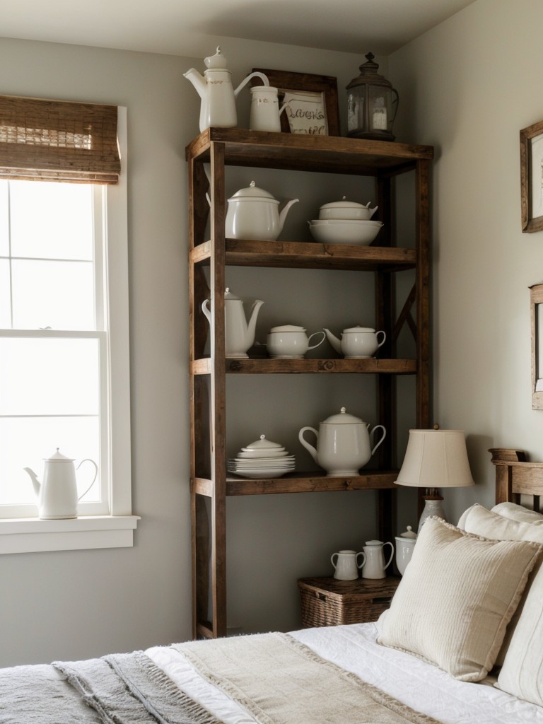 Farmhouse Bedroom: Antique Pottery & Delicate Tea Sets Display!