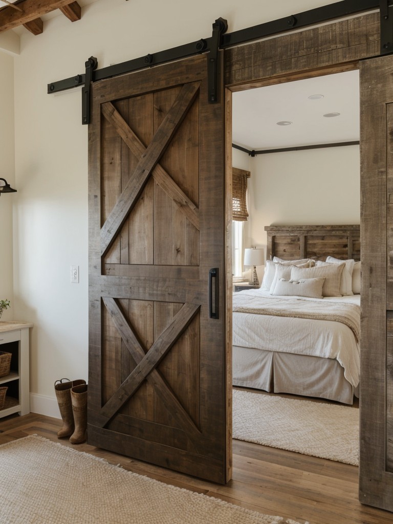 Charming Farmhouse Bedroom: Closet with Barn Door Sliding Mechanism