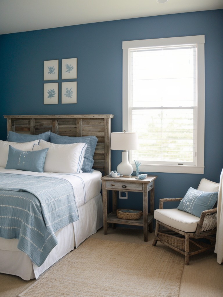 Coastal Bliss: Transform Your Apartment Bedroom with Blue & White Rustic Decor.