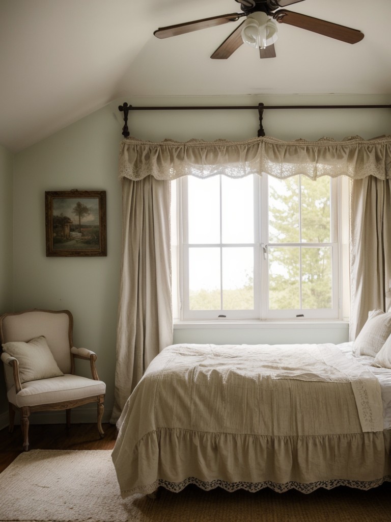 Cozy Vintage Charm: Country Cottage Bedroom Ideas with Lace Curtains.