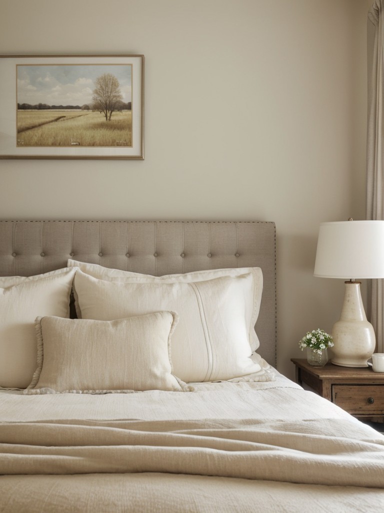 Country Bliss: Serene Bedroom Decor with Cream, Beige, and Soft Blues