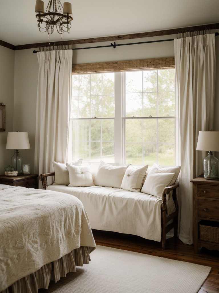 Cozy Country Bedroom: Window Seat, Canopy, Vintage Mason Jars.