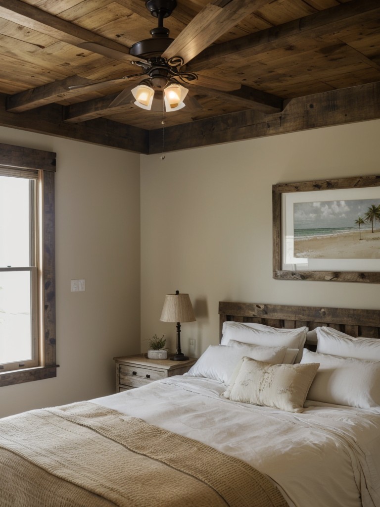 Cozy Rustic Apartment Bedrooms: Beach Vibes with a Ceiling Fan.