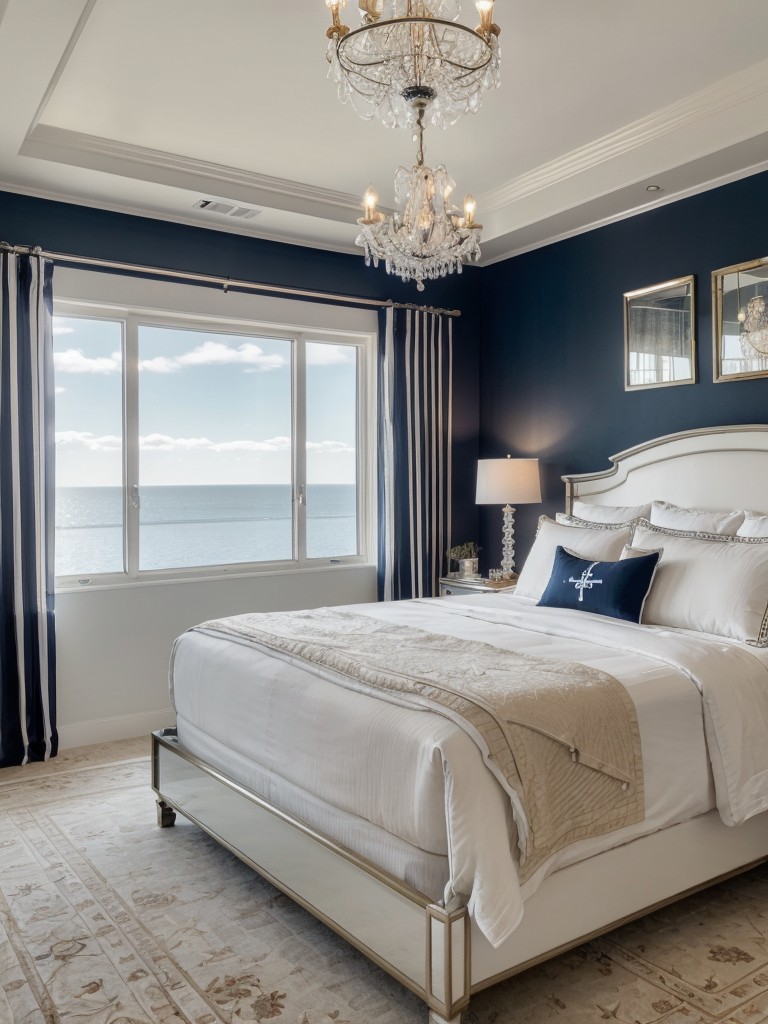 Nautical Chic: Luxury apartment decor with crystal chandeliers, mirrors, and silky bedding.